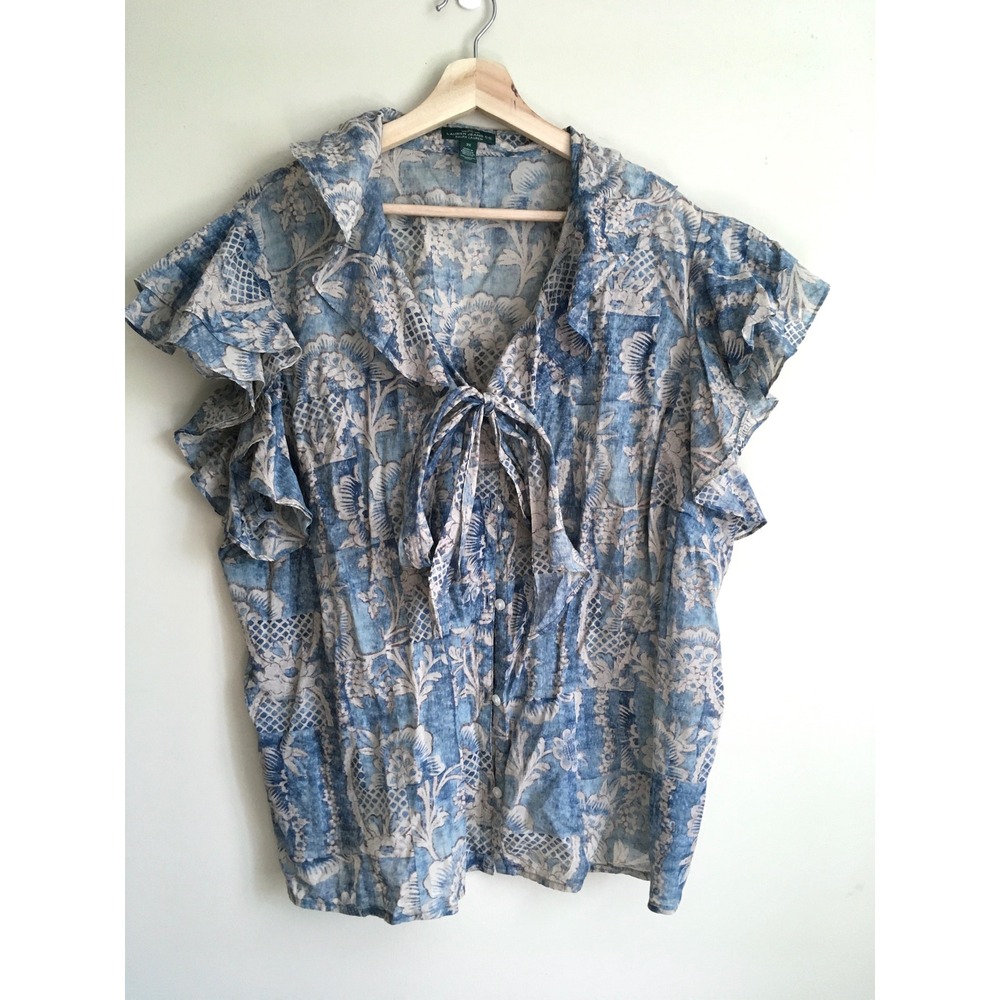 Lauren Ralph Lauren Blue Floral Bow Tie Neck Ruffle Sleeve Cotton Blouse 3X